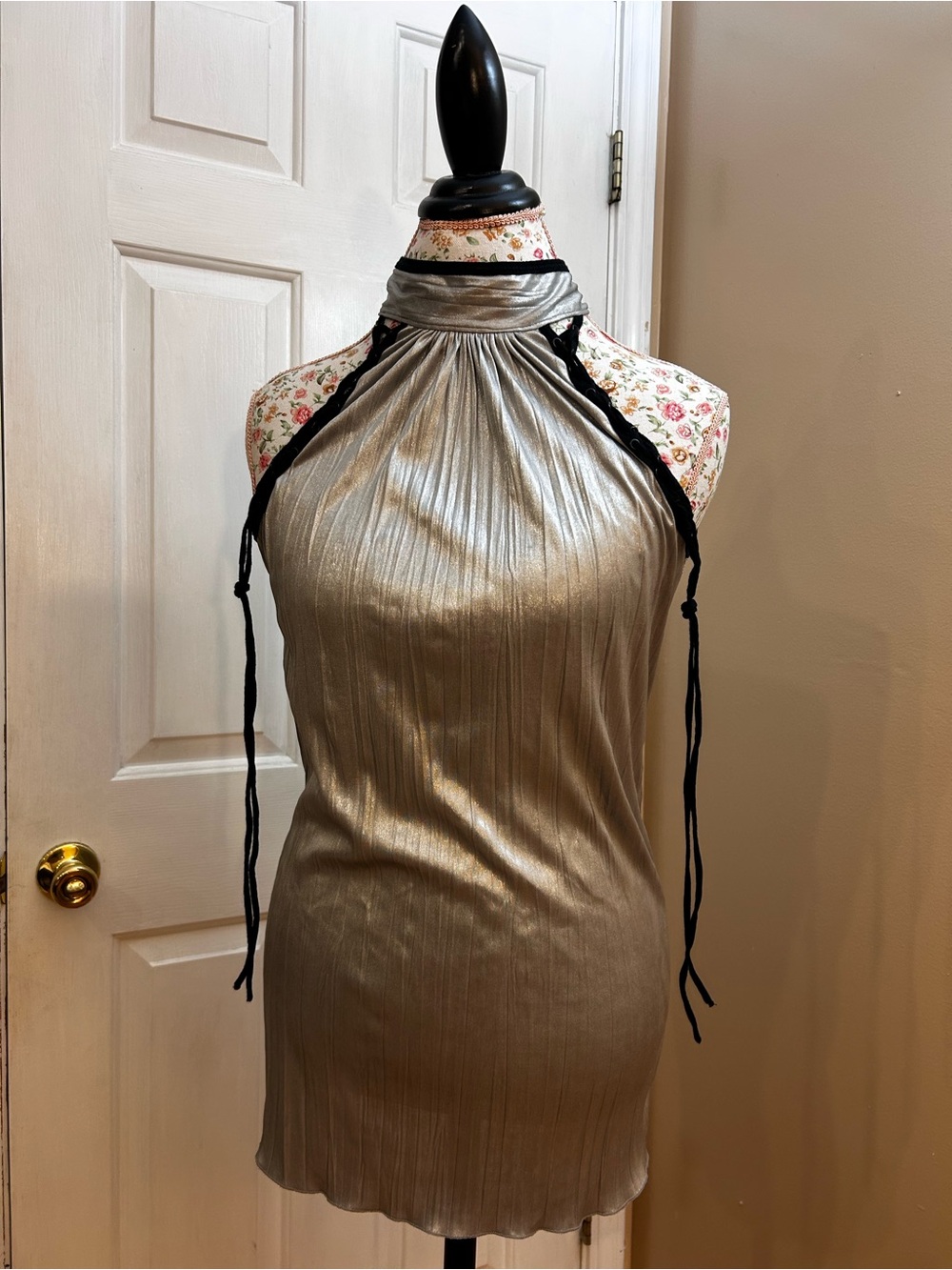Salvage Silver Metallic Halter Mini Dress with Black Ties